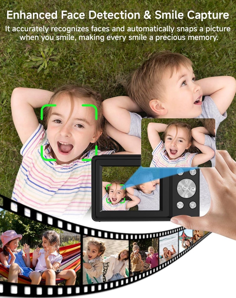 SMARTKLIK Store كاميرا رقمية للأطفال، FHD 1080P 44MP كاميرا رقمية بنقطة وتصوير مع كشف الوجه، التقاط الابتسامة، زوم 18X، 20 فلتر، مضادة للاهتزاز، بطاقة SD سعة 32GB كاميرا مدمجة عتيقة للأطفال الأولاد والبنات - Image 3